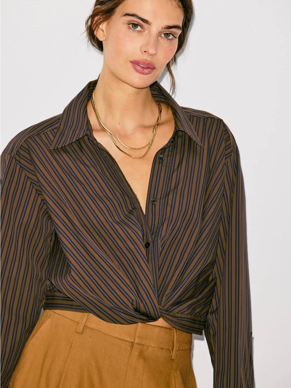 A.L.C. Striped Twist-Front Button Shirt - Brown & Black